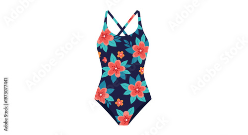 One piece swimsuit featuring a dark blue base with a vibrant tropical pink and blue floral pattern for summer.
