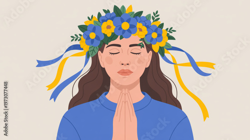 Serene woman wearing blue and yellow floral crown with hands clasped in prayer or meditation on beige background