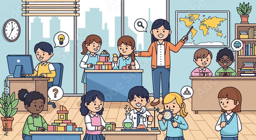 Diverse students engaged in interactive learning and science experiments in a bright classroom.