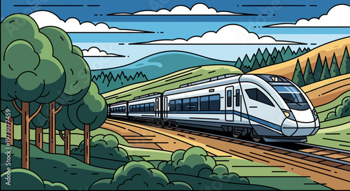 Modern High-Speed Train Traveling Through Scenic Green Countryside Landscape