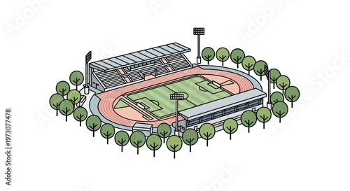 Isometric Stadium with Running Track and Football Field Surrounded by Trees