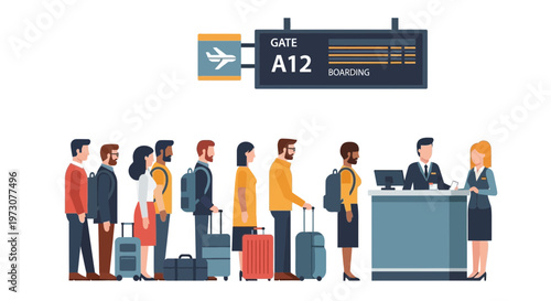 Airport Gate A12 Boarding Line with Diverse Travelers and Check-in Desk