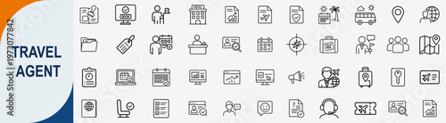 Travel agent and tourism service line icons set for vacation booking