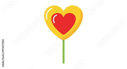 Vibrant heart shaped lollipop with a red center and yellow outer layer on a green stick for Valentine's Day.