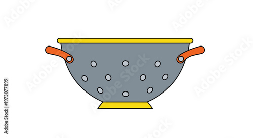 Classic kitchen colander in grey with orange handles and a yellow base for straining pasta and vegetables.