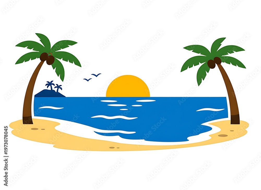 Obraz premium Vibrant Tropical Beach with Palm Trees Ocean and a Setting Sun