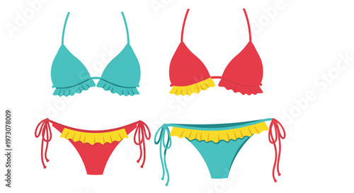 Two different styles of colorful bikinis featuring ruffles and string ties for a fun day at the beach or pool.