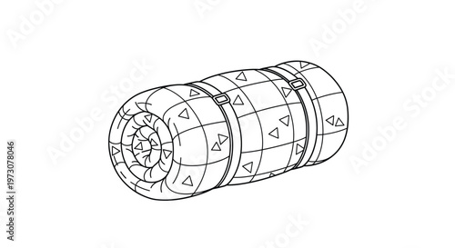 Simple line art illustration of a rolled up sleeping bag with a geometric pattern for camping and outdoor adventure.