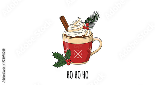 Festive mug of hot chocolate with whipped cream, a cinnamon stick, and holly decorations for the winter season.