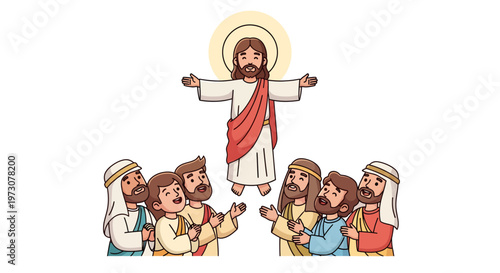 Friendly cartoon illustration of Jesus Christ ascending into heaven with joyful disciples watching below. Soft colors and clean character design make it perfect for children's Bible stories