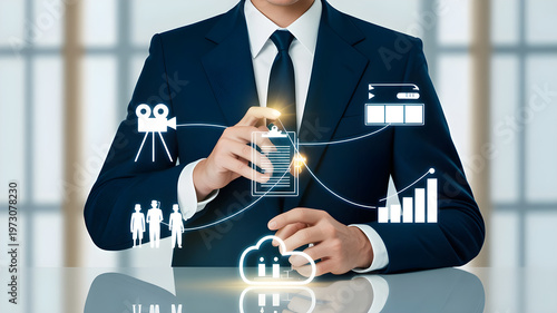 Corporate project coordinator interacting with cloud storage icons and media production timeline charts for efficient team workflow synchronization.