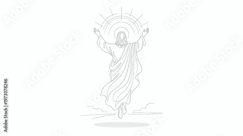 Elegant minimalist line art illustration of Jesus Christ ascending to heaven with raised arms and flowing robe. Clean and modern religious design