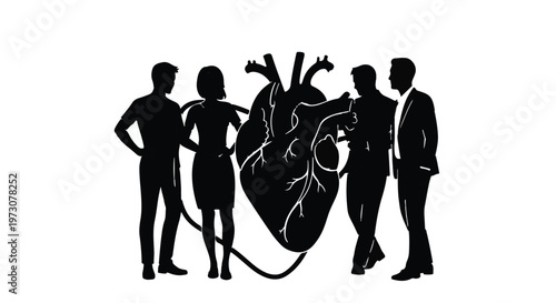 Diverse group of people standing around a large anatomical heart illustration, symbolizing unity and shared humanity.