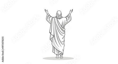 Elegant minimalist line art illustration of Jesus Christ ascending to heaven with raised arms and flowing robe. Clean and modern religious design