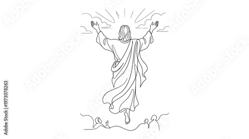 Elegant minimalist line art illustration of Jesus Christ ascending to heaven with raised arms and flowing robe. Clean and modern religious design