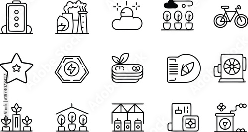 Sustainability and Eco Friendly Energy Icons Set Featuring Green Technology Renewable Power Industry Plants Bicycle and Environmentally Conscious Engineering Solutions in Outline Style