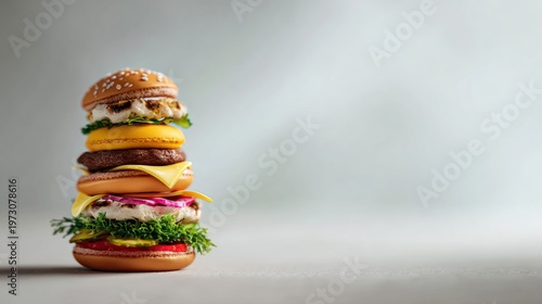 Artistic depiction of a piled-high gourmet burger with creative ingredients