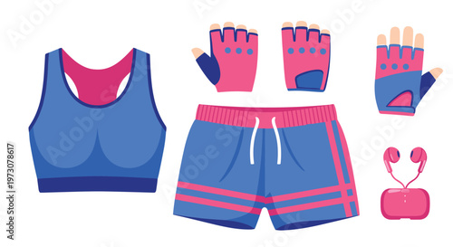Women's athletic set including a sports bra, shorts, fitness gloves, and wireless earbuds in blue and pink.