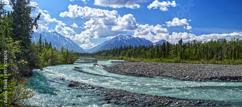 Cuadro en lienzo Panoramic view of the teal rapids of the Kathleen river on a bright summer afternoon