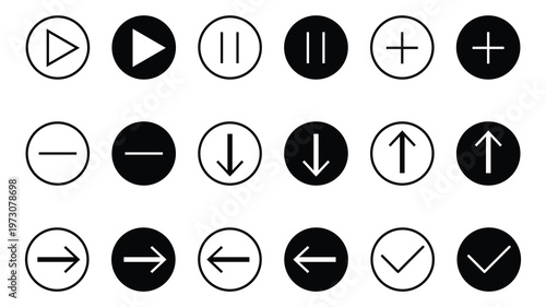 Set of play, pause and arrow button media control icons. UI button navigation symbols white and black vector collection.