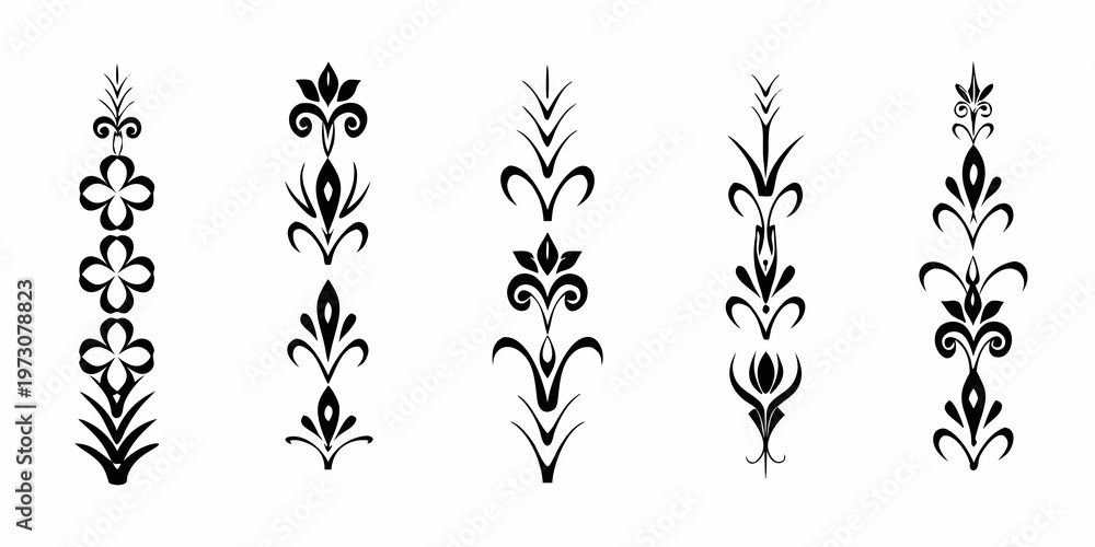 Fototapeta premium Elegant black floral and leaf designs arranged in a vertical pattern