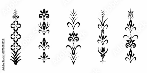 Elegant black floral and leaf designs arranged in a vertical pattern