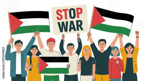 Diverse group of people protesting for peace holding palestinian flags and a stop war sign together