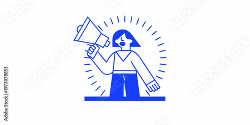 Woman speaking into a megaphone with radiating sound waves shown