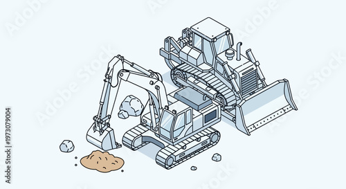 Construction site with excavator and bulldozer, isometric illustration