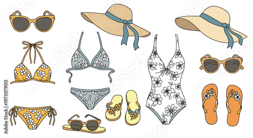 Collection of women summer fashion items including floral bikinis, swimsuits, wide-brimmed straw hats, flip-flops, and sunglasses.