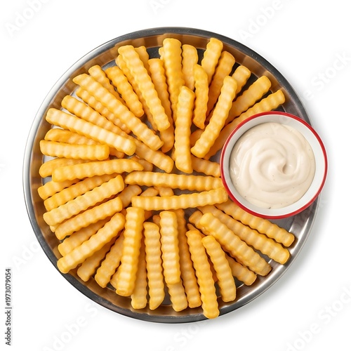 Golden Crinkle Cut Fries on Metal Plate with Dipping Sauce