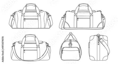 Technical drawing of a multi-purpose duffel bag shown from front, side, and perspective views for design and manufacturing.