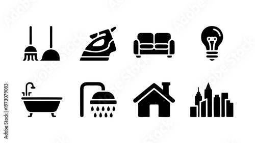 home cleaning and household icons set vector, cleaning tools and home appliances flat icons pack, household equipment symbols simple black icon set, home maintenance icons minimal silhouette vector