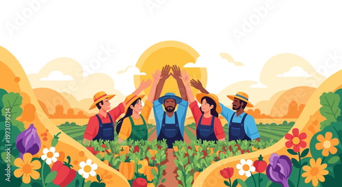Illustration celebrating Cesar Chavez Day with a group of diverse farmworkers raising their hands together in unity over a vegetable garden at sunset, designed as a vibrant vector icon