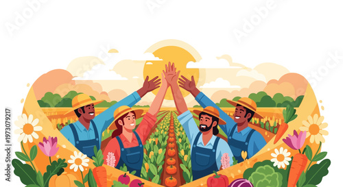 An illustration shows diverse farmworkers doing a high-five over a field of crops, celebrating Cesar Chavez Day with a bright, joyful mood, set against a backdrop of stylized flowers