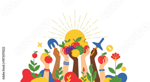 A colorful vector art illustration celebrates Cesar Chavez Day, depicting diverse hands holding a bountiful harvest of fruits and gardening tools against a bright white background