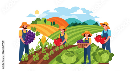 Illustrated scene depicting farmworkers celebrating Cesar Chavez Day, showcasing a group of people harvesting crops like grapes and tomatoes in a vibrant, colorful field, set