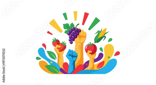 A vibrant vector illustration commemorates Cesar Chavez Day with raised fists holding crops, set against a clean white background, symbolizing the farmworker movement and its importance