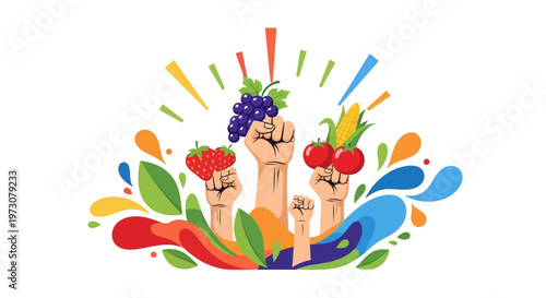 A vibrant vector art illustration celebrating Cesar Chavez Day, featuring raised fists holding strawberries, grapes, and corn, symbolizing the farmworker movement with colorful abstract