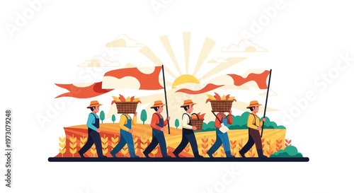 Flat vector illustration of farmworkers marching with baskets and flags on Cesar Chavez Day, showcasing a stylized design against a bright background to celebrate the United Farm Workers
