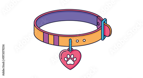 Colorful illustration of a pet collar in orange and purple with a pink heart pendant featuring a paw print icon.