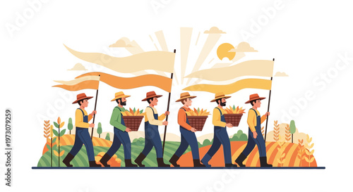 A vector illustration depicts a group of farmworkers marching and carrying baskets of harvested crops during a Cesar Chavez Day event, with a design that celebrates the United Farm Workers
