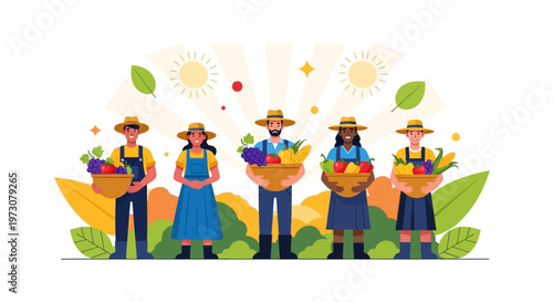 A vector illustration shows a group of diverse farmworkers, each character holding baskets filled with freshly harvested produce, set against a clean white background for Cesar Chavez Day