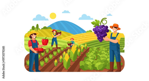 A vector illustration depicts farmworkers celebrating Cesar Chavez Day, with one character holding grapes and another carrying a basket of red peppers, set against a bright, sunny landscape