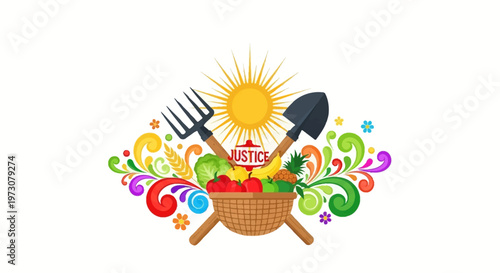 Colorful vector art celebrating Cesar Chavez Day with a basket of harvested crops, a crossed shovel and pitchfork, and a shining sun element emphasizing farmworker justice against a clean