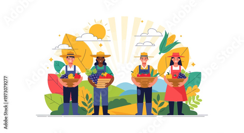 A vibrant vector art illustration commemorating Cesar Chavez Day shows diverse farmworkers, depicted as cheerful characters, each holding baskets full of harvested fruits and vegetables