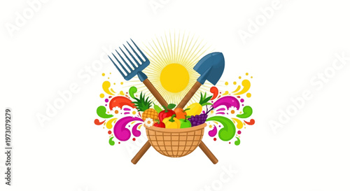 A colorful vector illustration celebrates Cesar Chavez Day, featuring a basket filled with fresh produce, crossed farmworker tools, and abstract swirls against a clean white background
