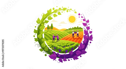 A colorful vector illustration celebrating Cesar Chavez Day, featuring farmworkers in a vibrant, stylized agricultural landscape, framed by a decorative wreath of leaves against a clean