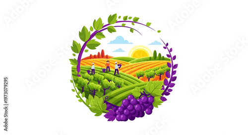 A vibrant vector illustration depicts farmworkers harvesting grapes in a sunlit vineyard, designed as an icon for Cesar Chavez Day, set against a clean white background with purple grapes