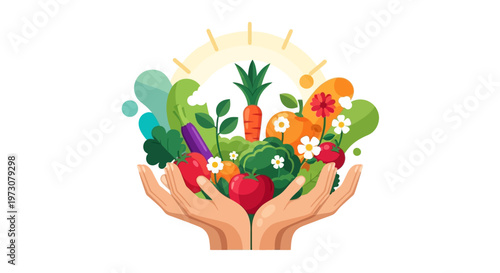 Illustrated vector art depicting hands holding an assortment of fresh produce for an event related to farmworkers, with vibrant colors and a bright, cheerful design against a clean white